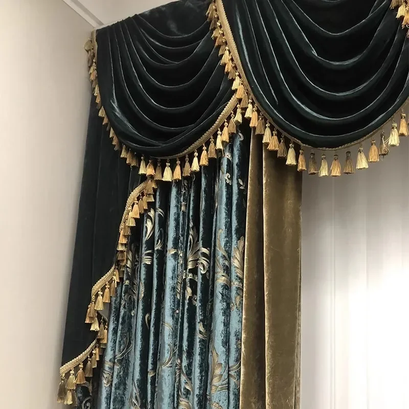 Zasłony w stylu retro amerykańskim, z prawdziwego zielonego aksamitu, żakardowe, łączone, do salonu, sypialni, na balkon, do willi, produkty na zamówienie.