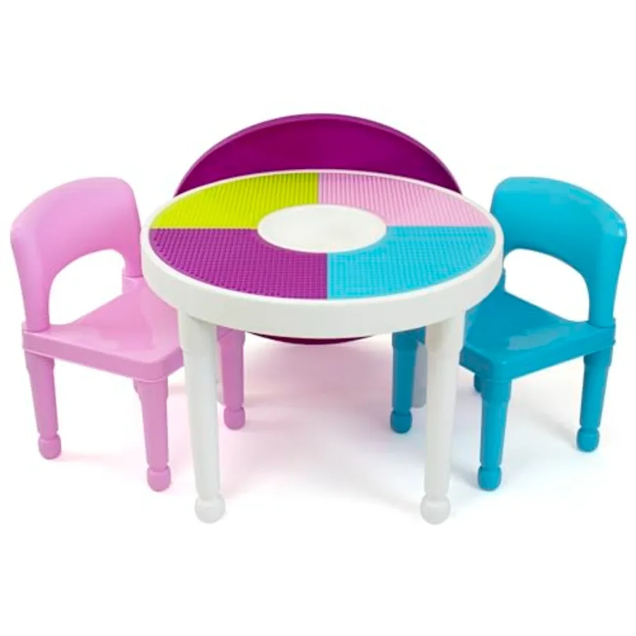 

White/Blue/Pink 2-in-1 Plastic Building Blocks-Compatible Activity Table and 2 Chairs Set Light Colors