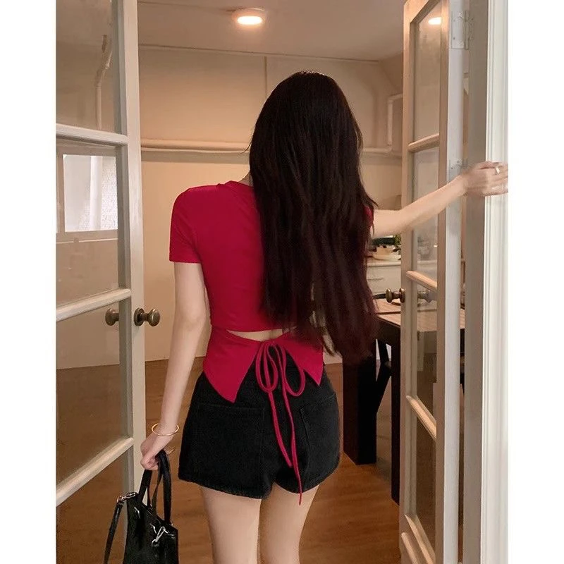 Couleur Pure longueur d'épaule ort Sve rond Ne T-shirt femme taille cintrée haut d'été Faion Sensation Ba cravate Design