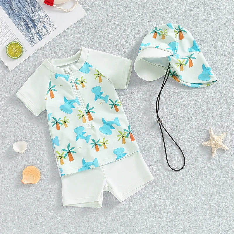 Todder Boys Rash Guard Bikini Summer Shark Print Zipper Short Sleeve Swimsuit Swim Trunks and Hat Swimwear Infant Bathing Suits