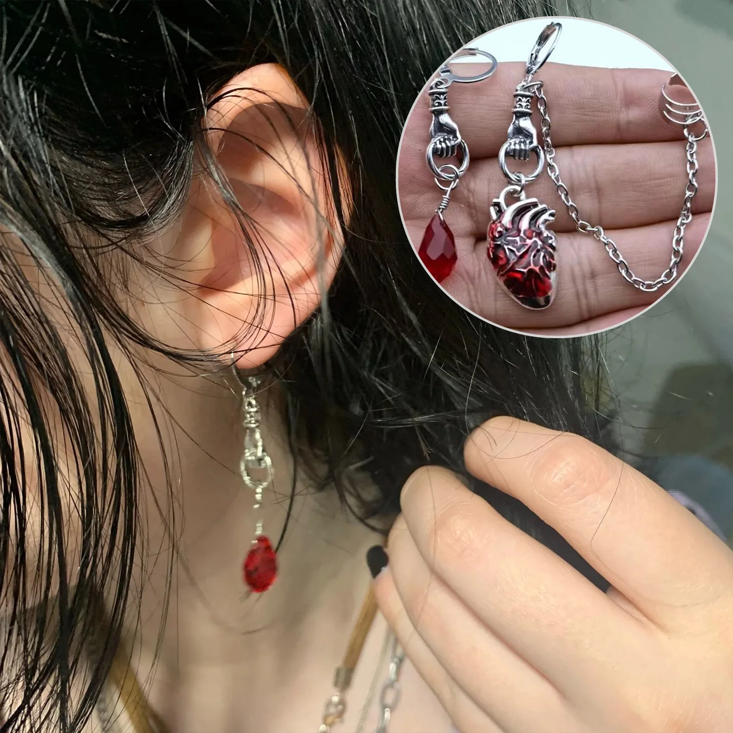 Blood Red Beating Heart Ear Buckle Fashion Punk Asymmetrical Stone Pendant Earrings Gothic Jewelry Gifts For Women And Men