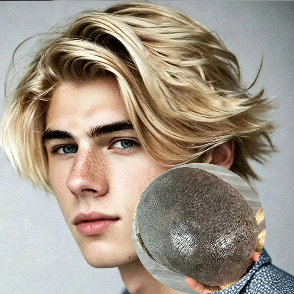 Men's 4T613# Ombre Blonde Brown Roots Toupee Super Natural Hairline Thin PU 0.06mm Poly Skin Base Strong Human Hair Patches Wigs