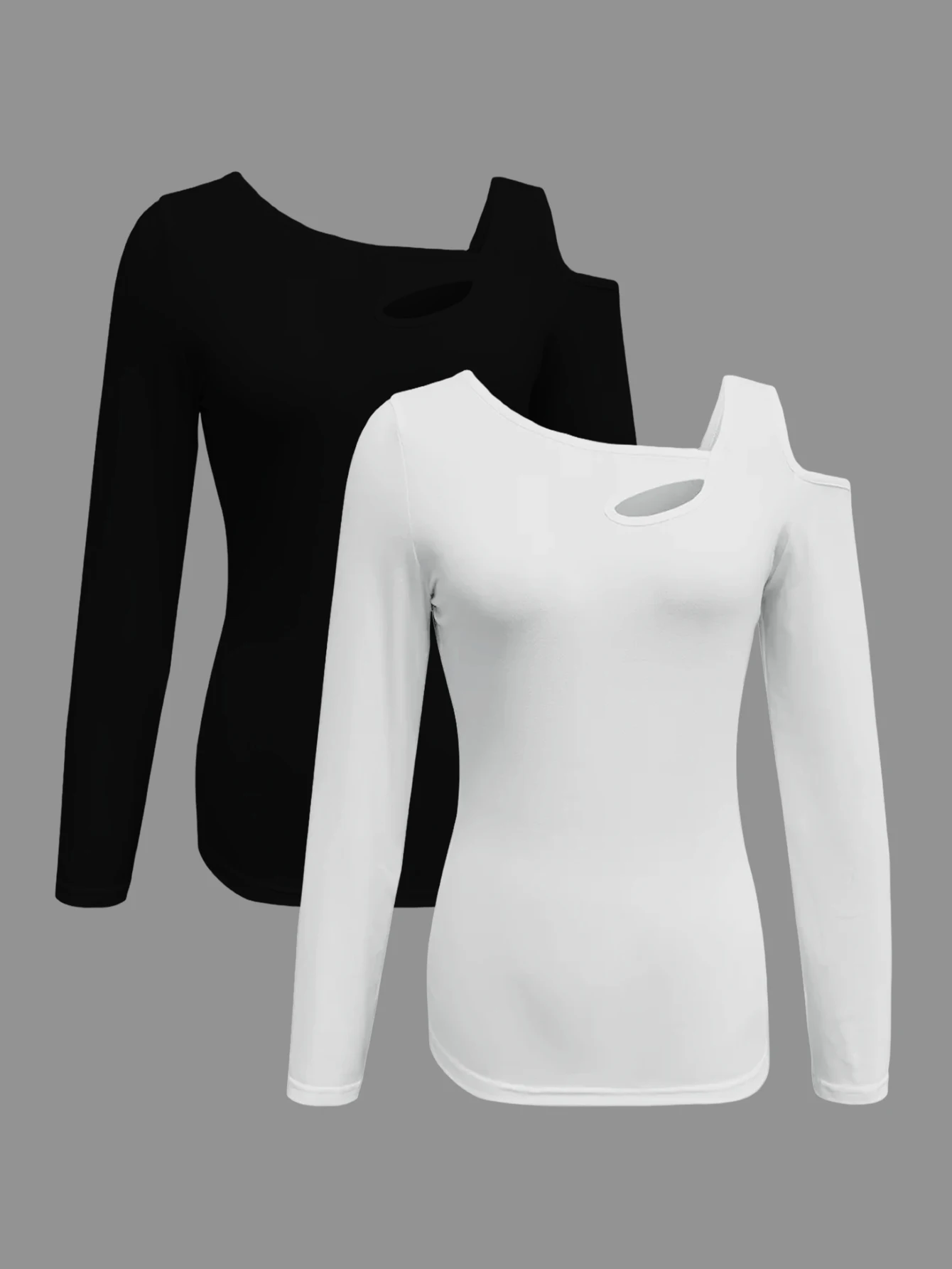 

2-Piece Set Elegant Women's Off-Shoulder Long-Sleeve Solid Color T-Shirt with Asymmetrical Off-Shoulder Design