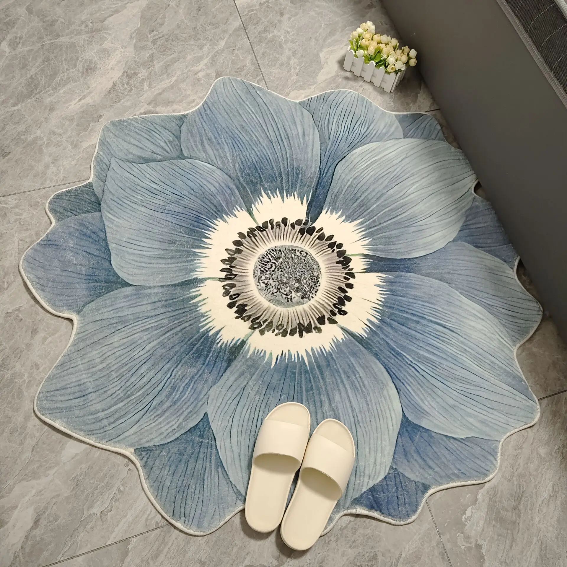 Ins Nordic American Artificial Cashmere Rug Shaped Flower Bedroom Bedside Carpet Cloakroom Dressing Table Non-slip Mat Decorate