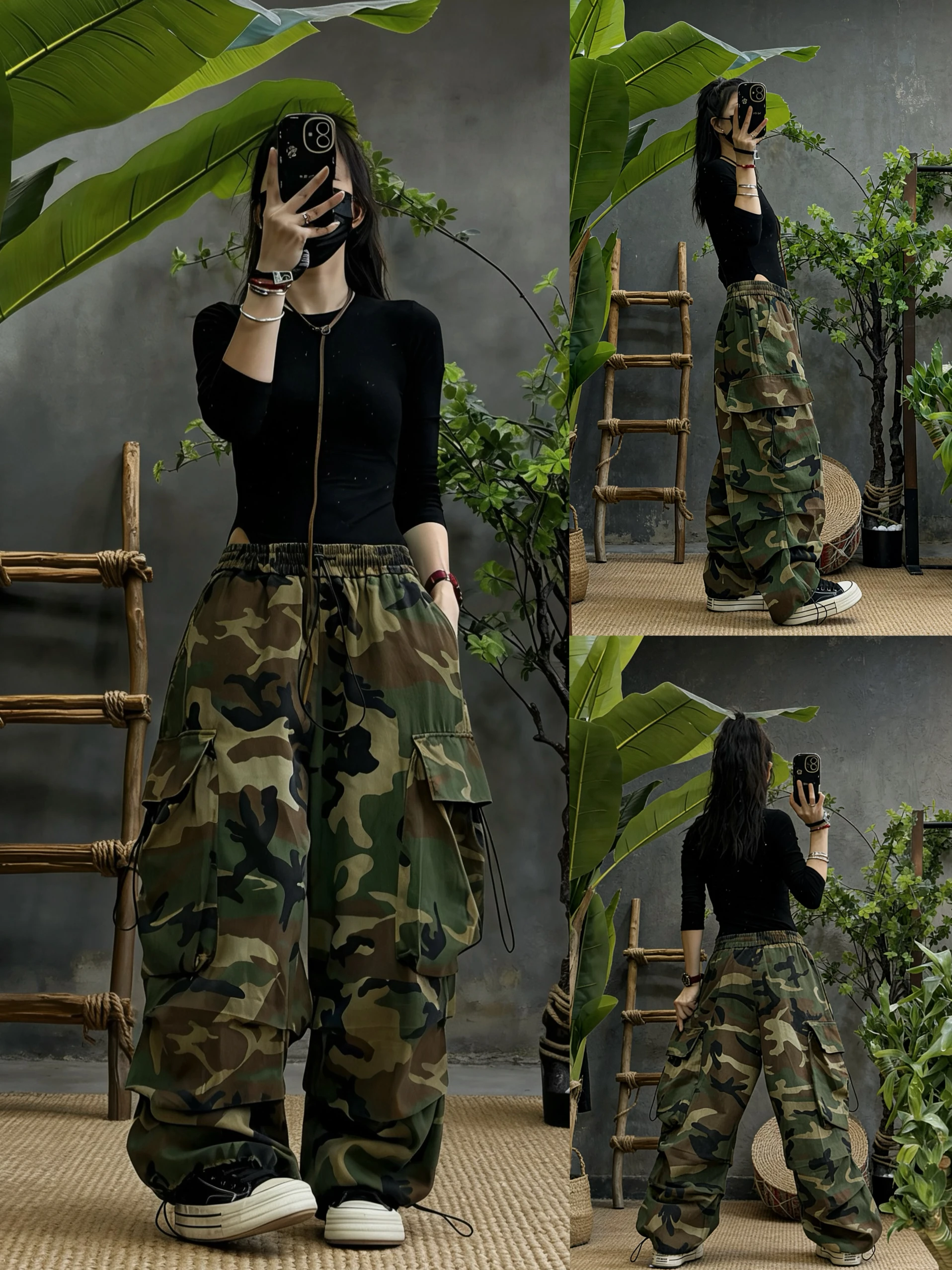 Retro Distressed Camouflage Work Pants Women's Loose Wide Leg Drawstring Straight Soldier Pants Spring New Style Casual Trousers