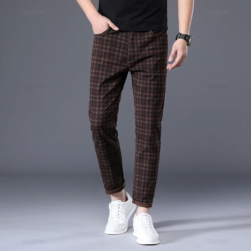 Lente Zomer Merk Kleding Geruit Enkel Lengte Broek Mannen 98% Katoen Klassiekers Retro Business Banket Party Casual Broek Man