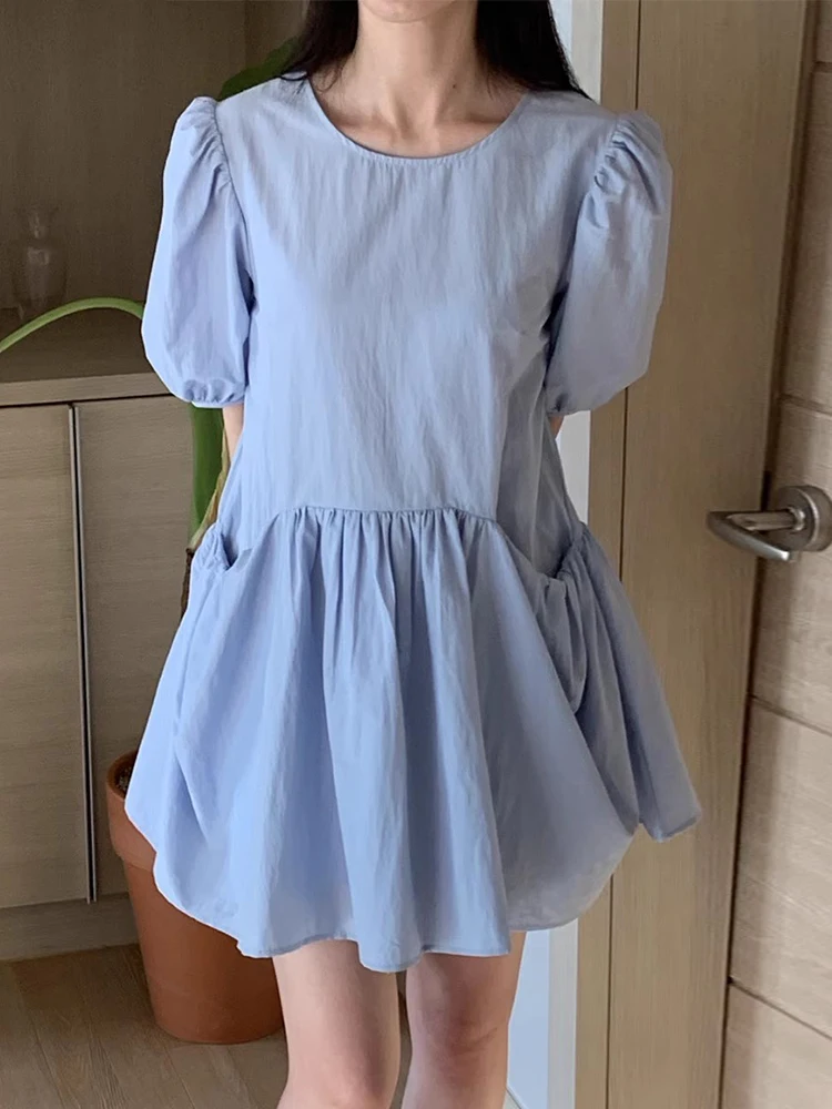 Chic Summer Soft Agel round Ne Large ket Loose Small Bubble Sve Doll Dr Women's Faion Commute High Waist or...