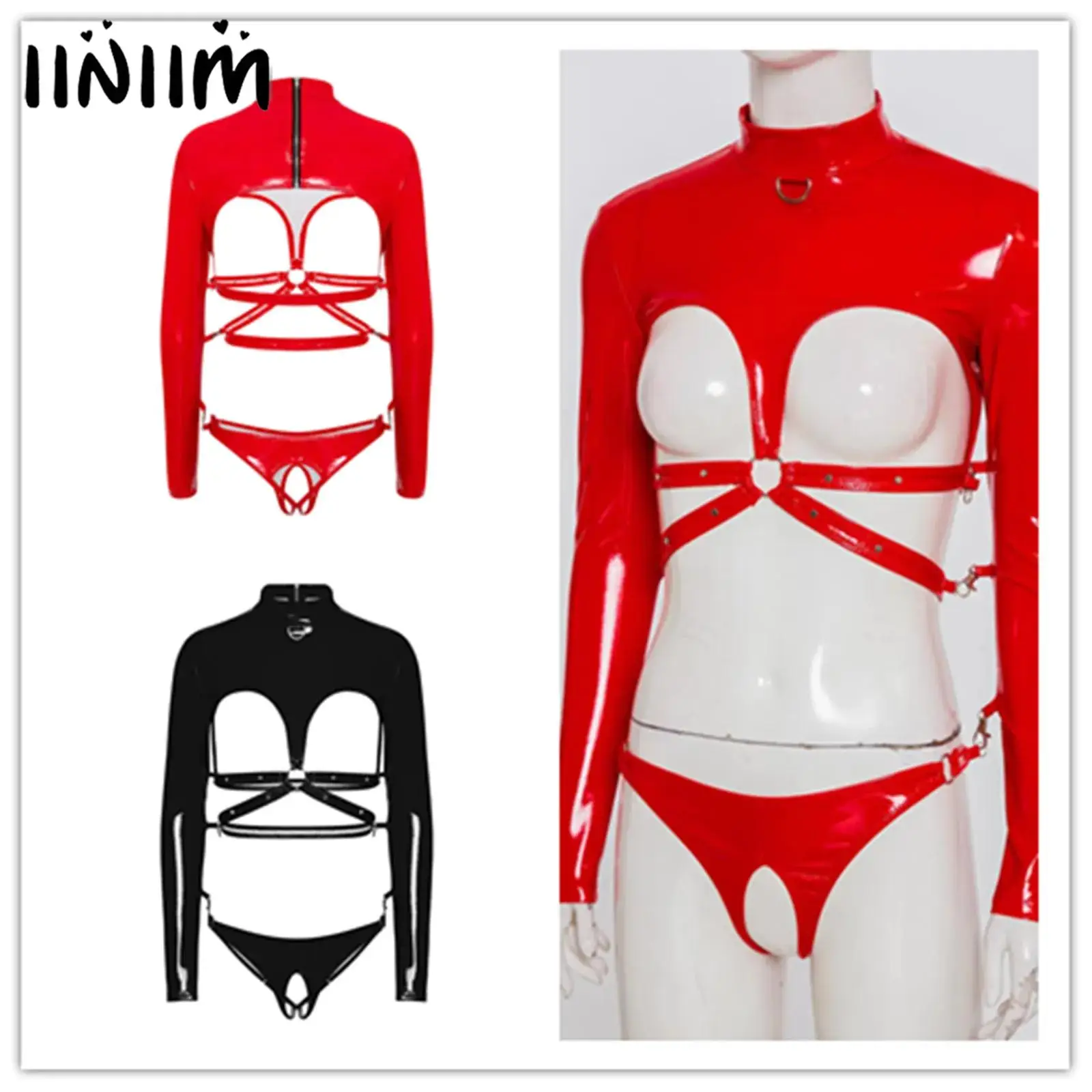 

Womens Glossy PU Bodysuit Lingerie O-ring Clasps Linked Long Sleeve Hollow Out Open Cup Open Crotch Leotard Tempting Nightwear