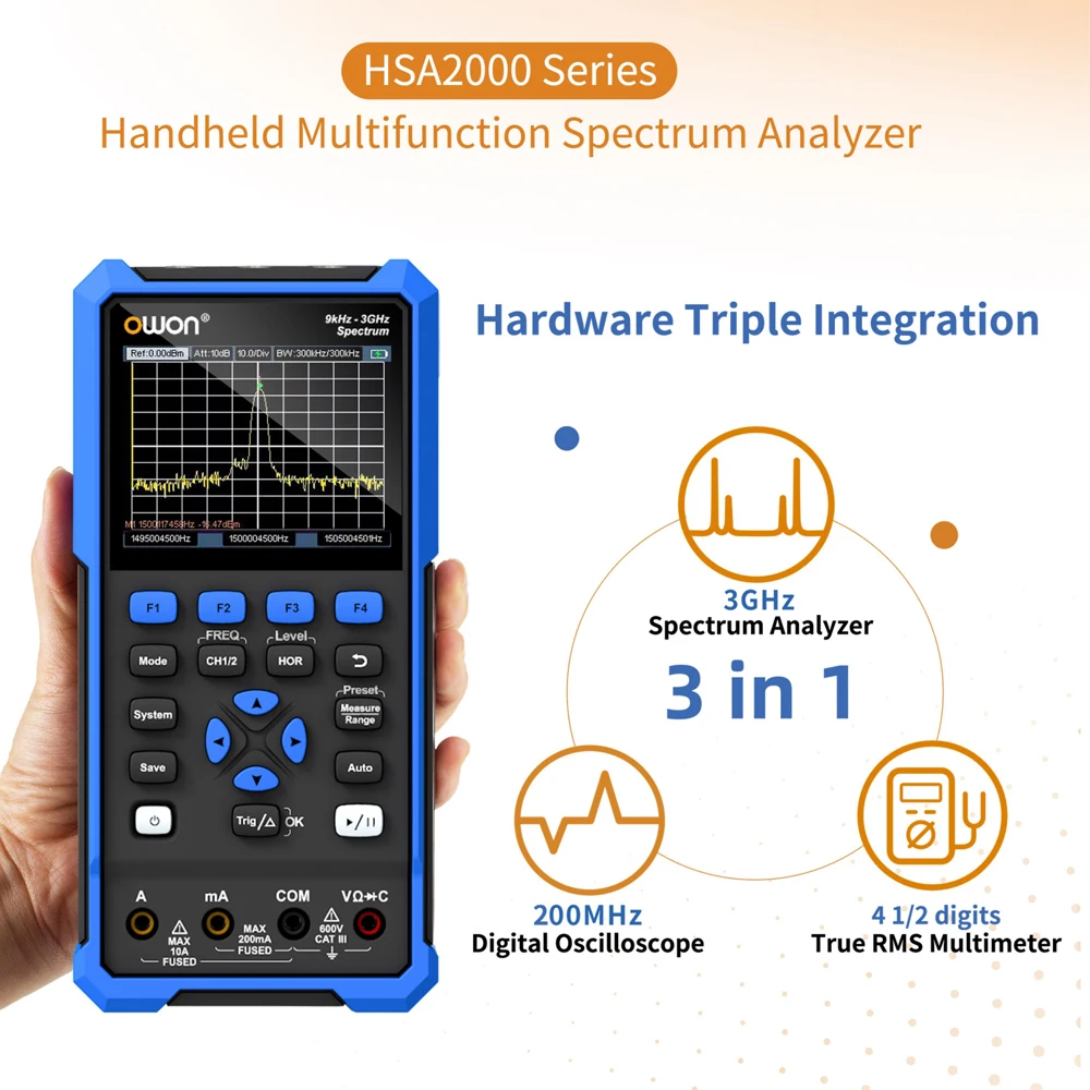 OWON HSA2300 Multifunction Handheld Spectrum Analyzer 3-in-1 9kHz to 3GHz , 2CH Digital Oscilloscope, True RMS Multimeter