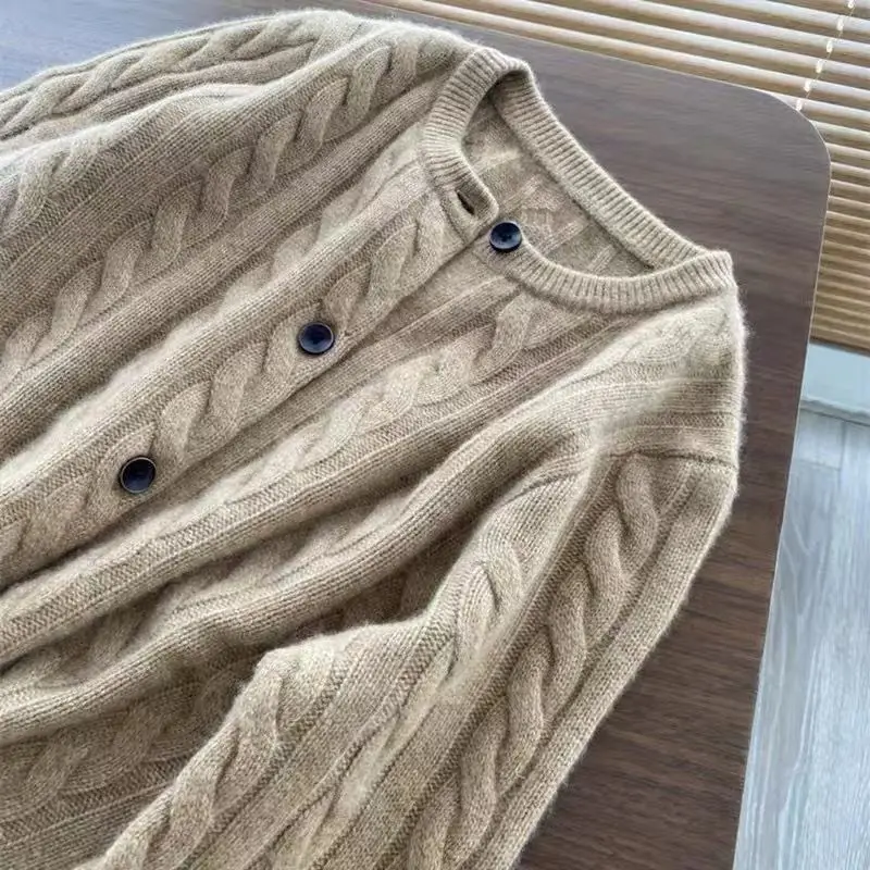 Spring Autumn Solid Color Women\'s 100% Wool Knitted Cardigan Long Sleeve Korean Loose O-Neck Button Sweater Coat Female Clothing