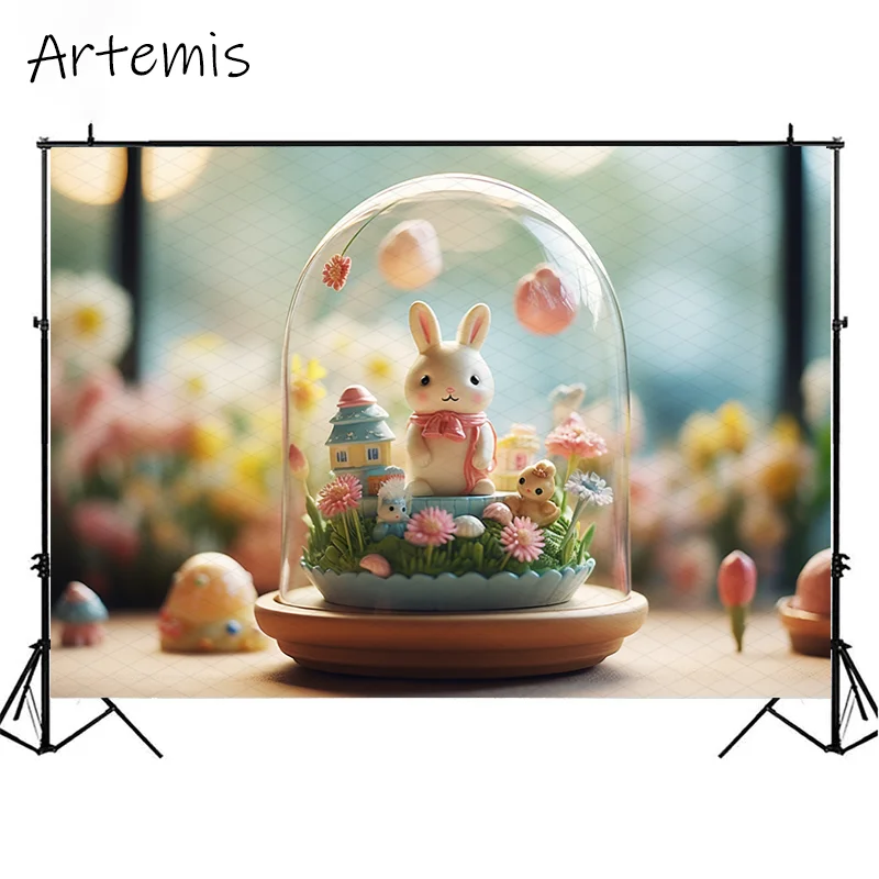 Easter Photography Backdrop Round Glass Toys Easter Decoration Easter Eggs Bunny Newborn Kids Birthday Portrait Photo Background