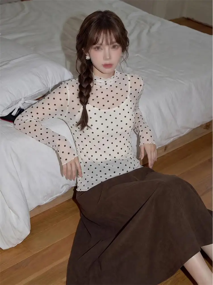 Slim Fit Long Sleeve High Collar Polka Dot T-Shirt Women's Autumn Korean Style Base Layer Shirt Top Wood Grain  Design