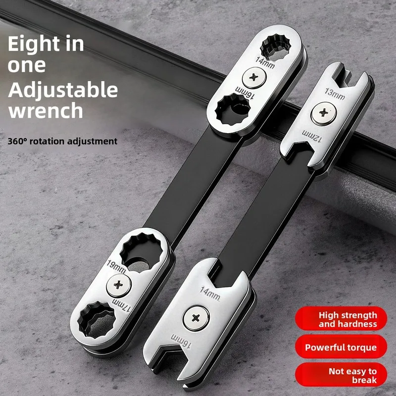 High Hardness 360 Rotatable and Adjustable Eight-in-One Wrench Multifunctional Thickened Plum Blossom Open-End Dual-Purpose Wren