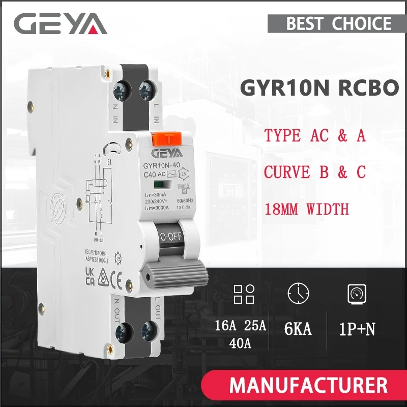 

GEYA Электронный тип RCBO 18 мм 230 В 1P + N 6KA Автоматический выключатель остаточного тока с защитой от перегрузки по току Макс. 40 А