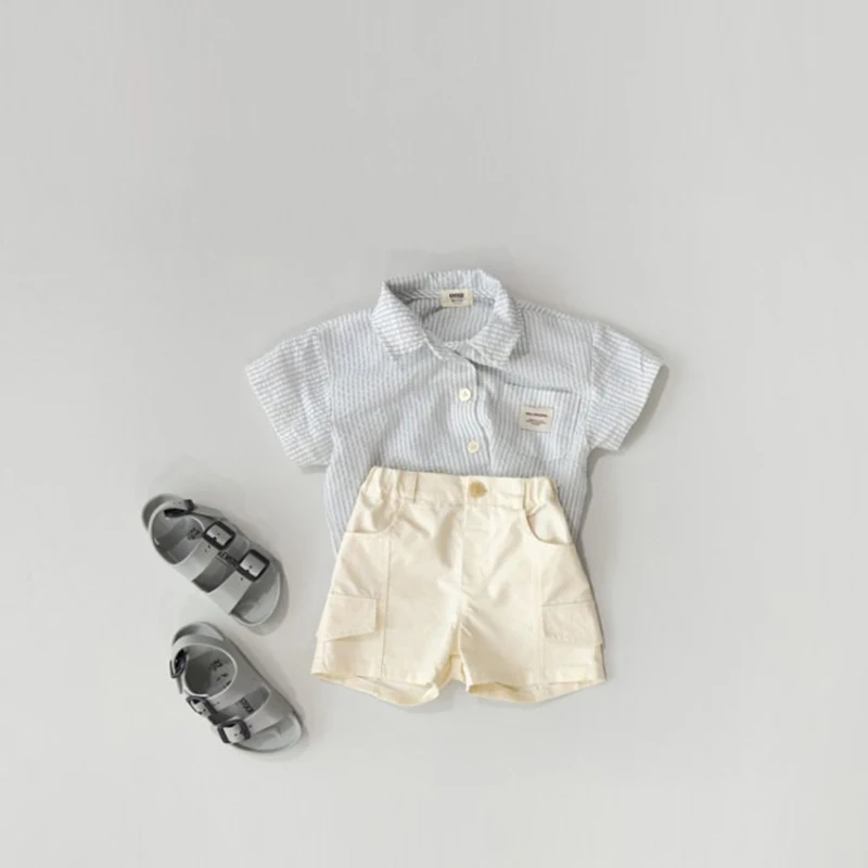 Summer Newborn Infant Baby Girls Boy Casual suit Striped Pockets Shirt Cargo shorts Kids Fashion Baby Clothing