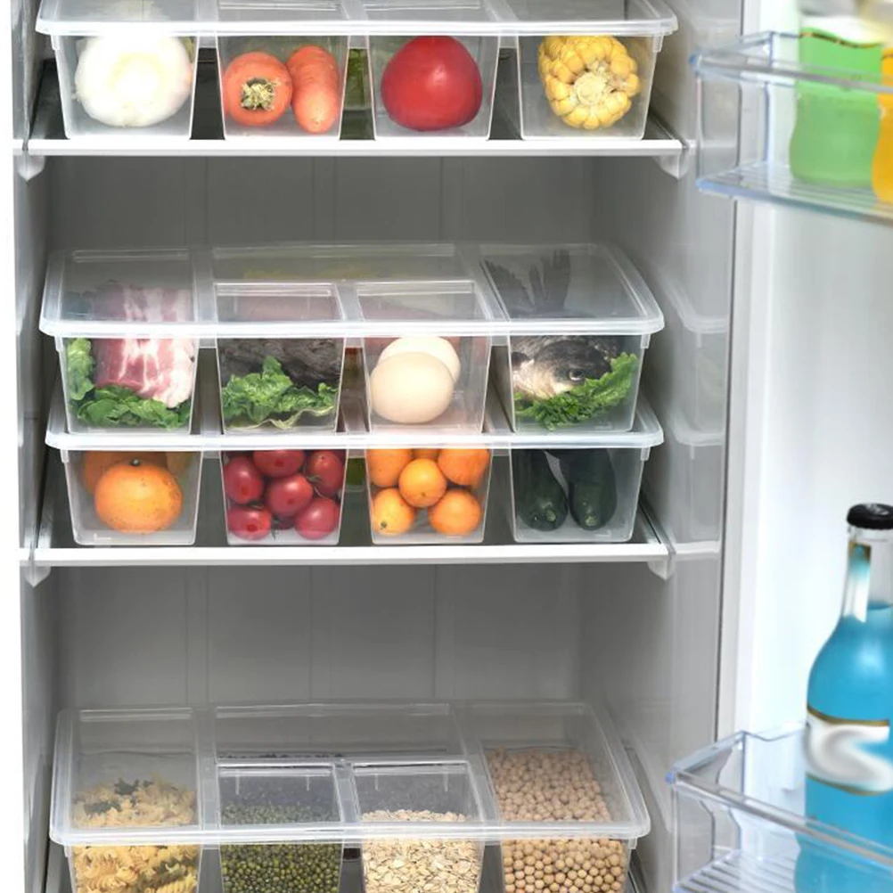 

Refrigerator Organizer Bin Clear Stackable Food Storage Box with Lid Divided Fridge Storage Container Produce Saver Plastic