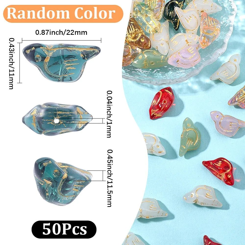 50Pcs Baking Paint and Golden Metal Enlaced Glass Beads Bird Mixed Color 11x22x11.5mm Hole: 1mm