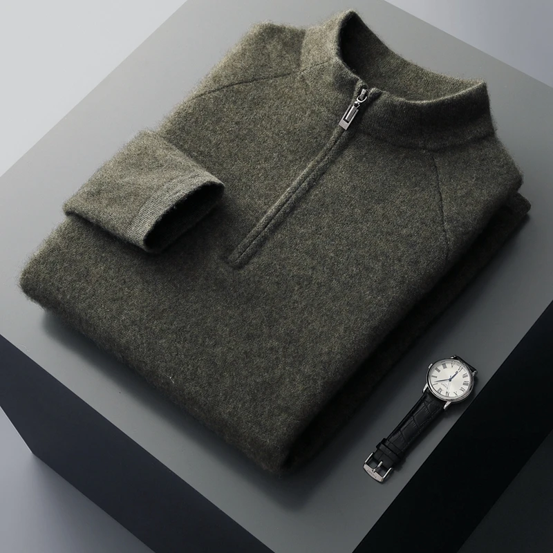 Maglione di cashmere Maglione lavorato a maglia con mezza zip Maglione base con colletto alla coreana da uomo Autunno Inverno Nuovo maglione di lana pullover con strato interno