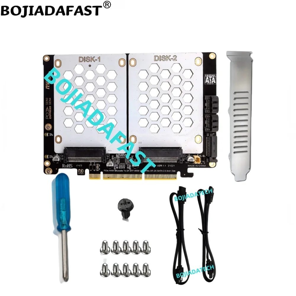 PCI-E 4.0 8X To 2 x U.2 SFF-8639 Adapter Expansion Card For U2 NVME & 2.5" SATA SSD- Motherboard Support PCIe x4x4 Bifurcation
