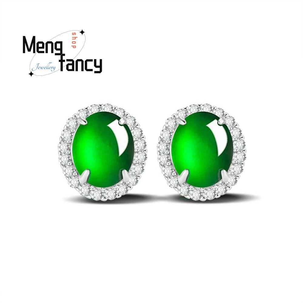 High-grade Natural A-goods Jade Oval Egg Surface Sunny Green Earrings Icy Jade Fashion S925 Silver Inlaid Luxury Quality Jewelry