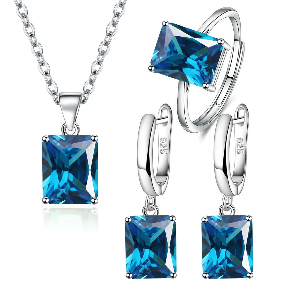 925 Sterling Silver Eleganckie zestawy biżuterii Pierścionek Kolczyki Naszyjnik Dla kobiet Prostokątna geometria Cyrkon Akcesoria ślubne
