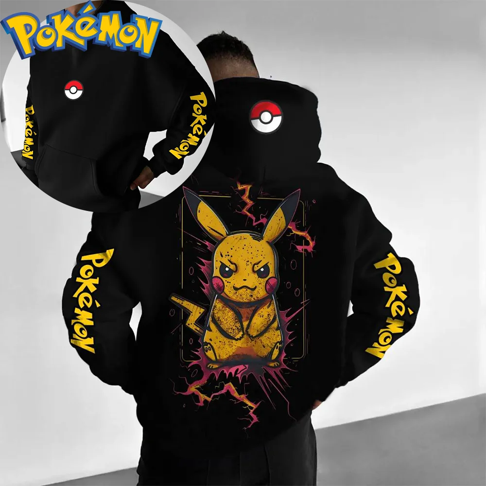 طقم ملابس بوكيمون أنيمي بيكاتشو القطنية مع قلنسوة وسراويل هاراجوكو أسود أصفر مطبوع عليه شخصية مكونة من قطعتين ملابس غير رسمية للشارع #1