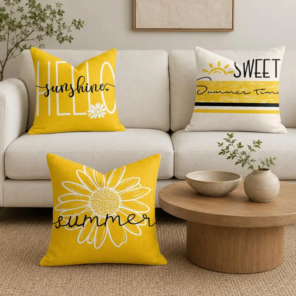 Yellow Hello Summer Cushion Cover Natural Linen Organic Fabric Double-Sided Printing Sofa Home Decor Gift Pillow Cover