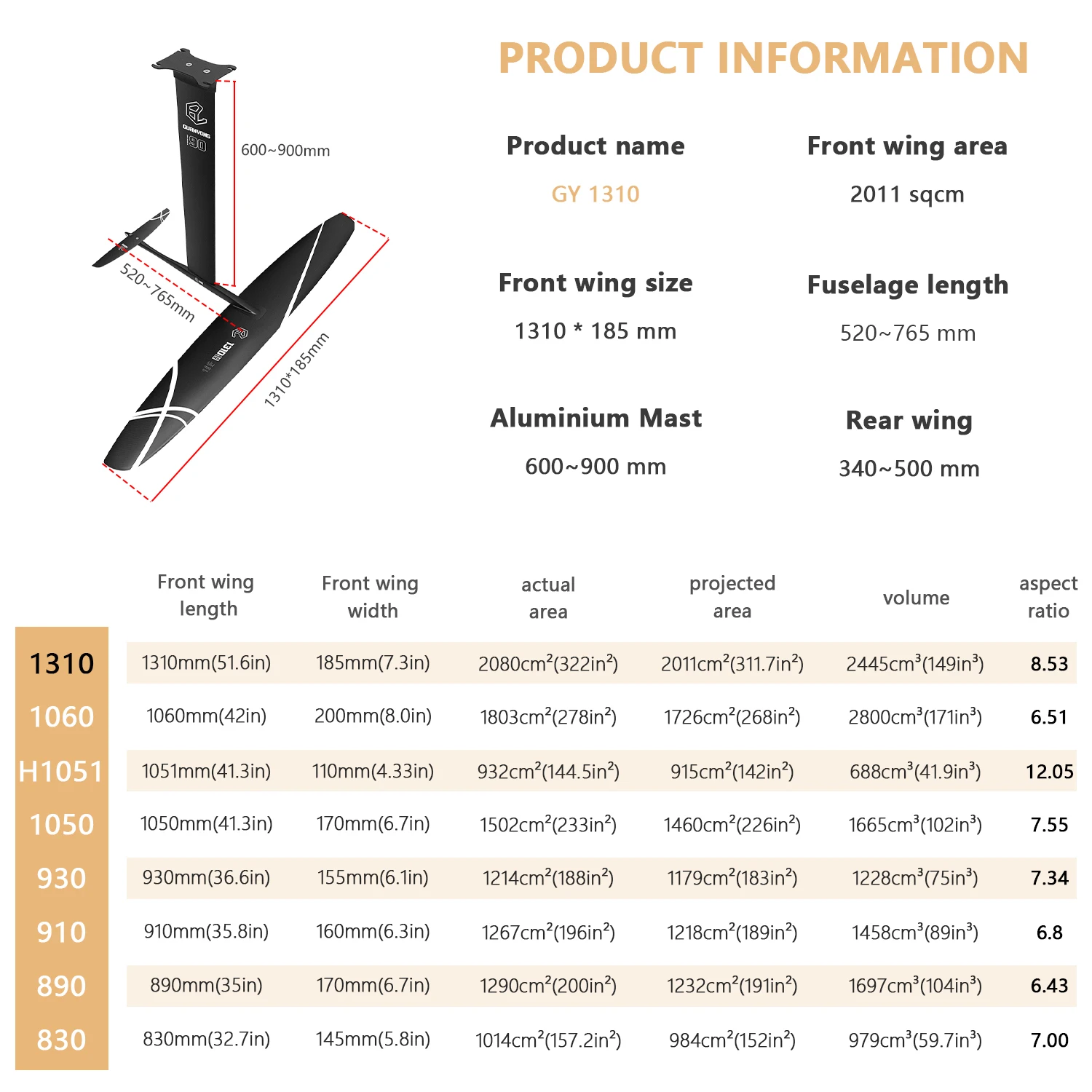 GY 1310 Carbon Aluminum Mast Wing Surfing wave Board Paddle pumping Efoil Fin wingfoil Foil  Kitesurf Surfboard for Hydrofoil