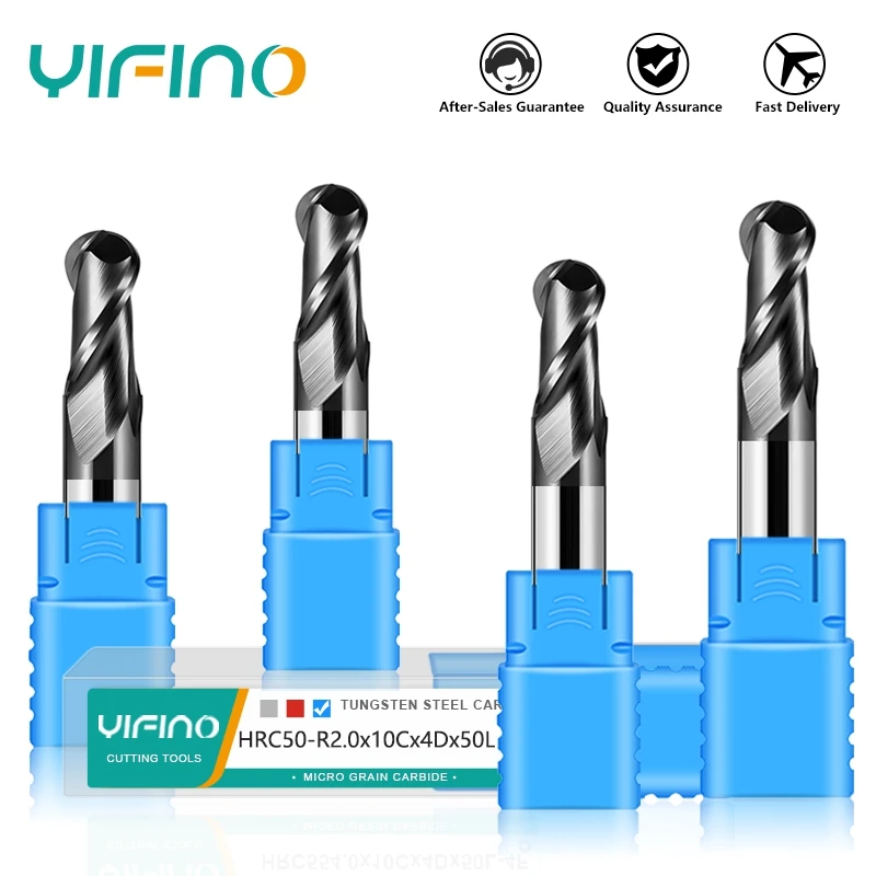 YIFINO-Fresa de punta de bola HRC50 de 2 flautas, molino de extremo de Nano recubrimiento de carburo de tungsteno de acero para mecanizado mecánico, herramienta de molino de extremo