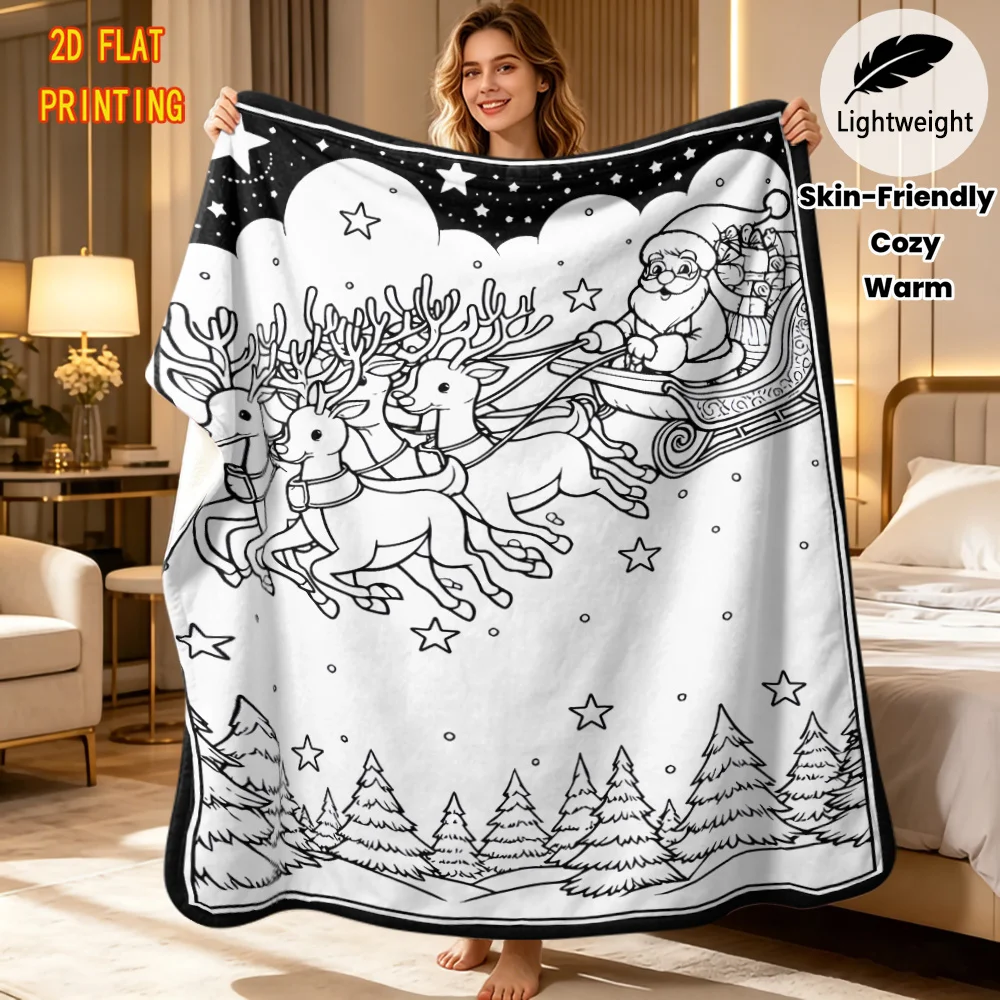 Santa Reindeer Sleigh Outline DIY blanket Cozy Warm Throw Blanket Lightweight Flannel Blanket for Xmas Family Activity Gift