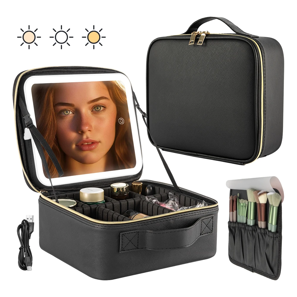 Missmeeca Make-up-Tasche mit LED-Spiegel und Reise-Make-up-Etui, Kosmetik-Organizer und separate Aufbewahrungstasche für Make-up-Pinselplatten