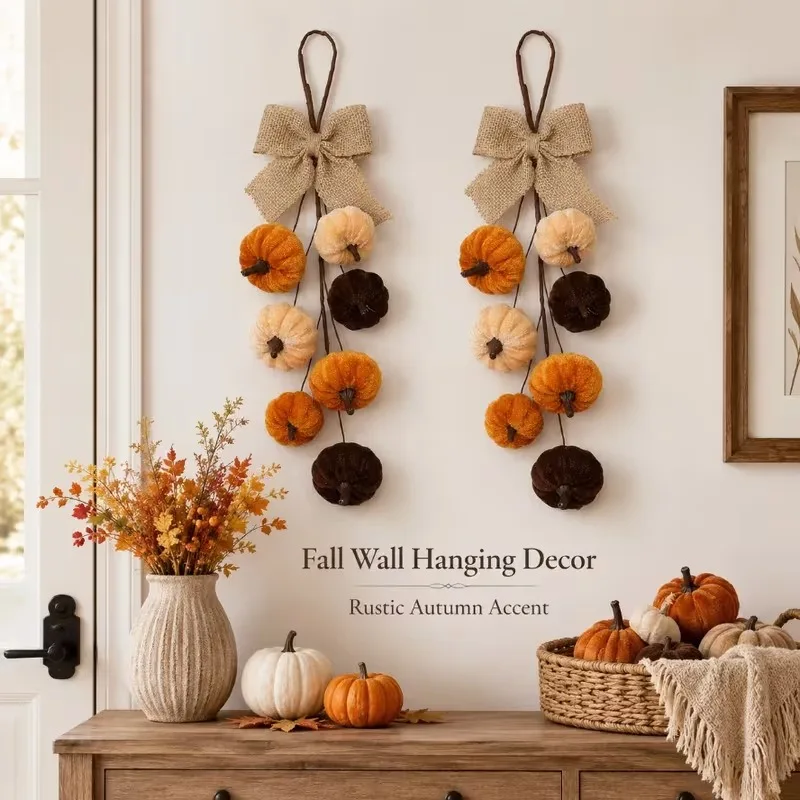 Pumpkin-Shaped Wall Hanging Decoration, Velvet Pumpkin Bow, Hanging Water Drop Handmade Ornament for Home Barn Party Decoration