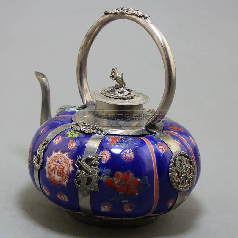 Vintage Distressed Crafts Decoration Factory in Stock Wholesale Collection Blue Porcelain Bag Silver Wine Pot Home Ornaments