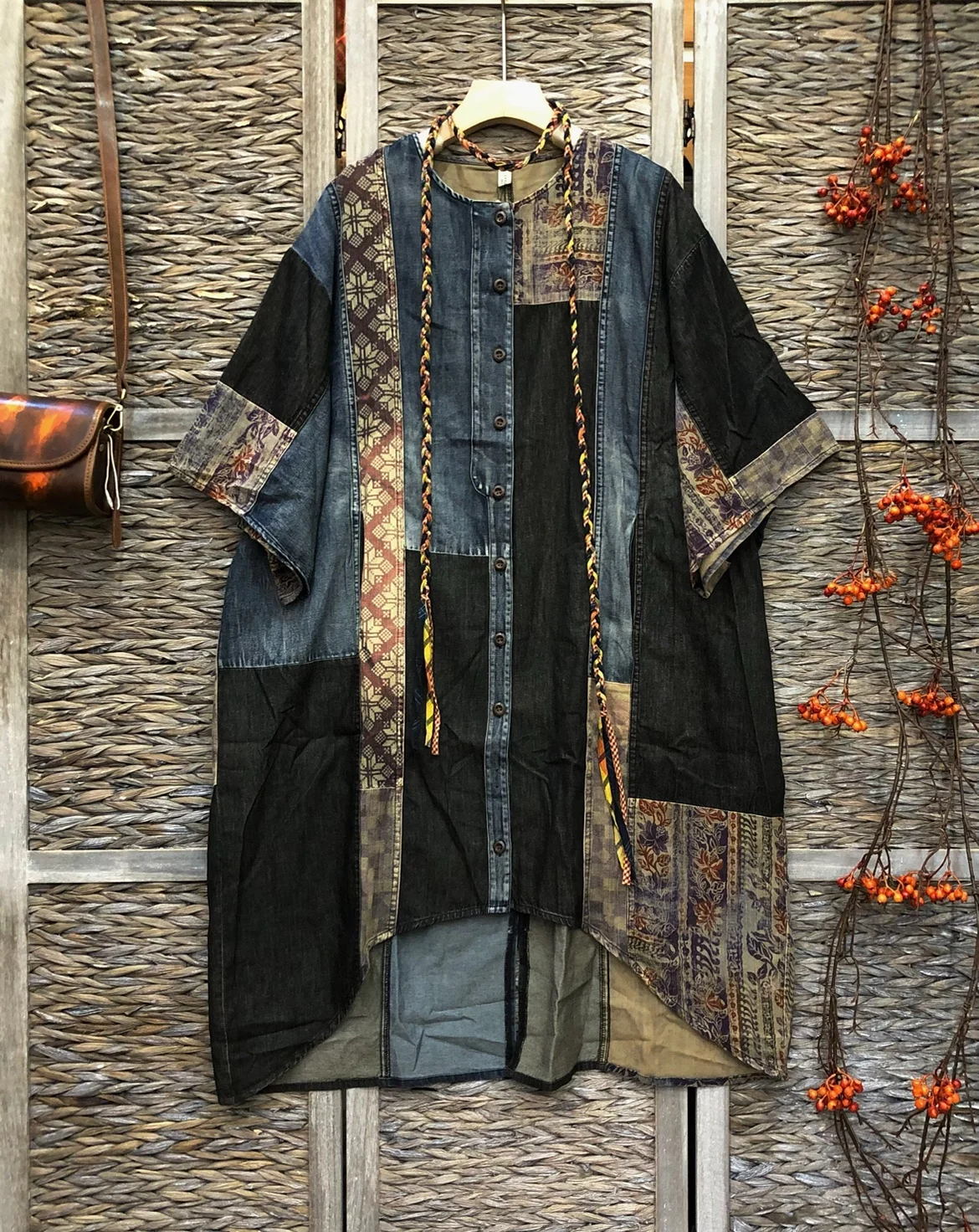 

Retro Denim Cotton Linen Print Patchwork Dress Women Summer Front Short Back Long Fashion Loose Mid-Length Open Cardigan
