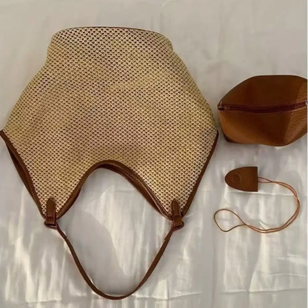 

Hollow Out Straw Woven Bag Tote Bagwith Sunglasses Clip Parent Shoulder Bag Bohemian Beach Bag Large Capacity Bucket Bag