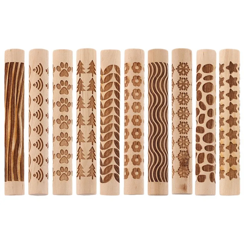 1/10Pcs DIY Wooden Embossing Rolling Pin Set, Carved Texture Roller for Clay Craft, Baking Dough & Fondant Decorating