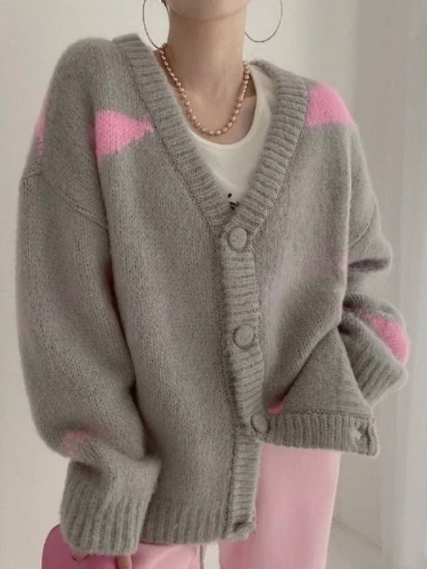 2025 봄 가을 신상 부드럽고 편안한 빈티지 고급 푸푸 니트 롱 스웨터 여성용 가디건 V넥 싱글 버튼