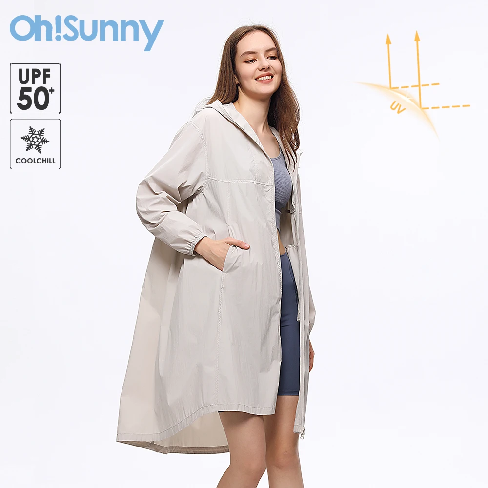 OhSunny Sunscreen Long Coat Rain and Shine Jackets UPF50+ 2024 Summer Women Windbreaker With Hooded Breathable Thin for Outdoors