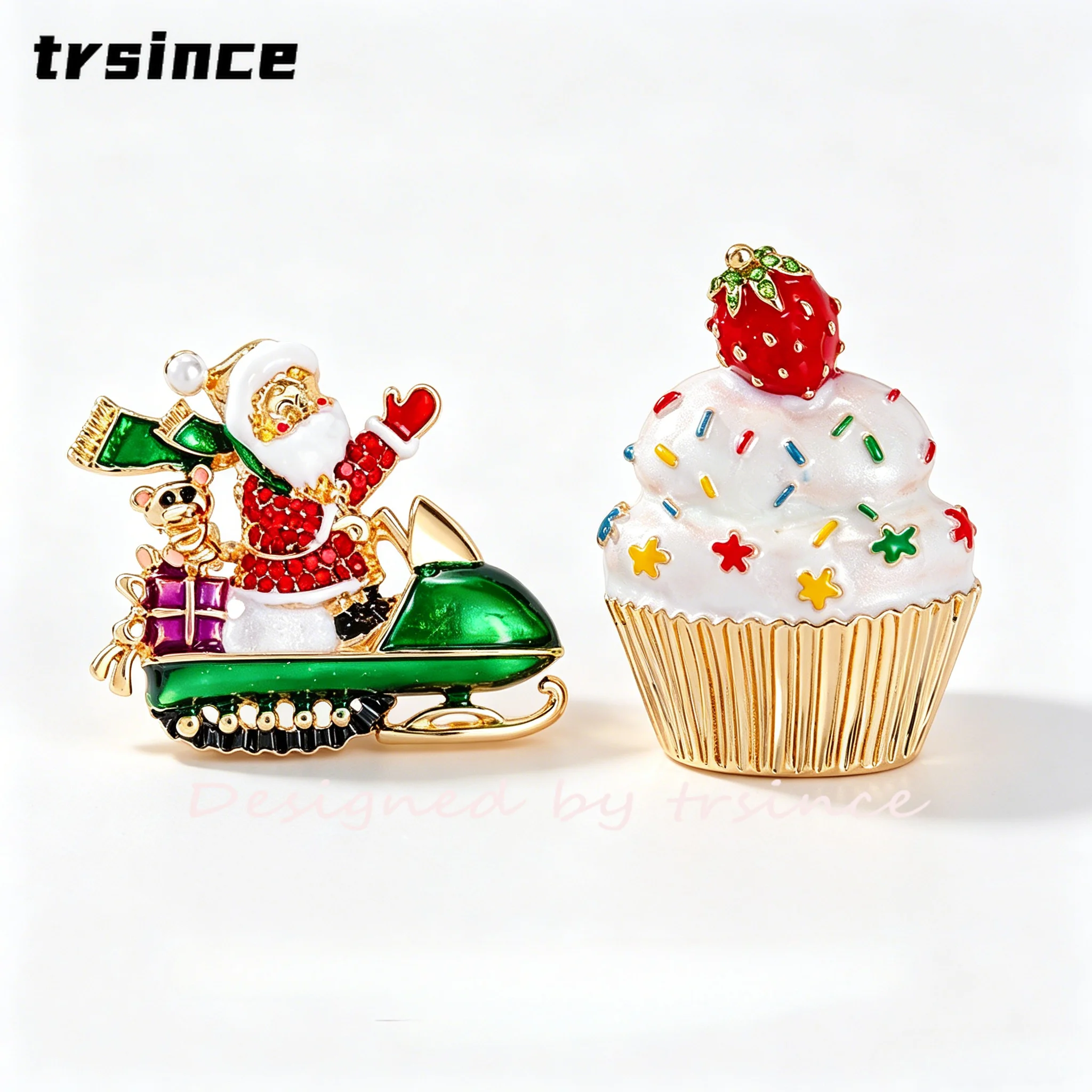 2Pcs Christmas Brooches Set Enamel Santa Snowmobile Brooch Strawberry Cupcake Lapel Pin Xmas Gift Women Clothing Decor Jewelry