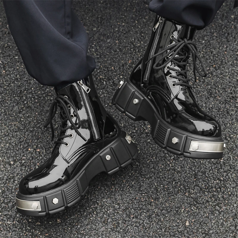 European American Mirrored Men High Top Boots Punk Style Height Increasing Anti Slip Anti Kick Metal High-end Motorcycle Boots