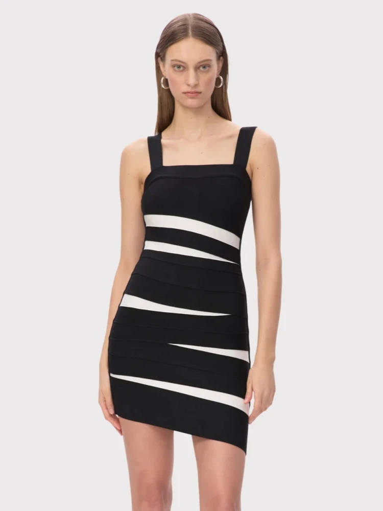 

Sexy Spaghetti Strap Mesh Patchwork Bandage Dress Women Black Sleeveless Square Collar Mini Bodycon Dresses Evening Party Gowns