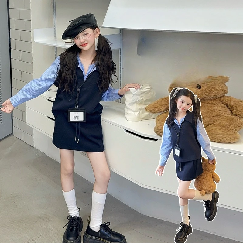 

Осенний комплект юбок JK для девочек-подростков, полосатая лоскутная рубашка с воротником-поло, топы + короткая юбка, брюки, костюм из 2 предметов для младшего ребенка, детская одежда 14