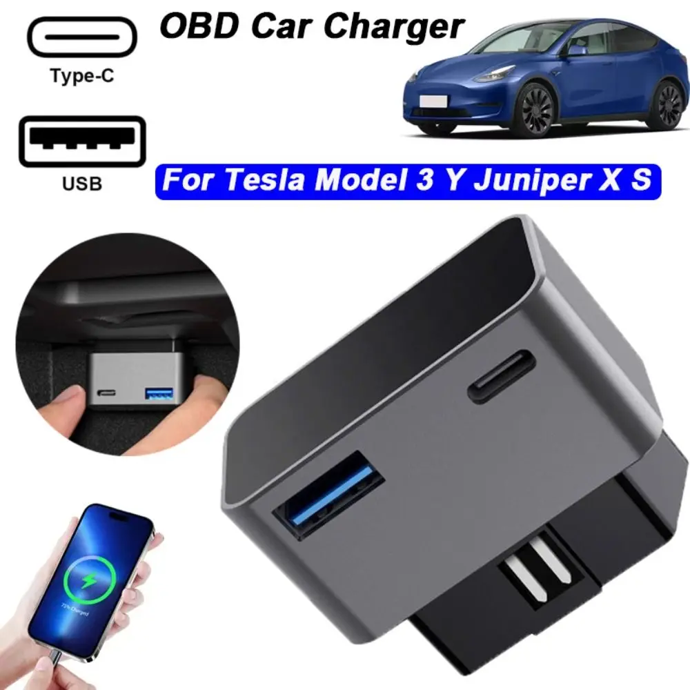 18W Power OBD Adapter Charger Fast Charging USB Type-C Ports Extender USB and Type-C Dual Port for Tesla Model 3 Y Juniper X S