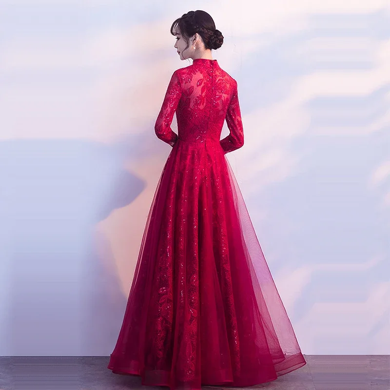 It's Yiiya Maßgeschneiderte Abendkleider, Burgunderrot, hoher Kragen, Knöpfe, volle Ärmel, bodenlang, Reißverschluss, Übergröße, Party-formale Kleider