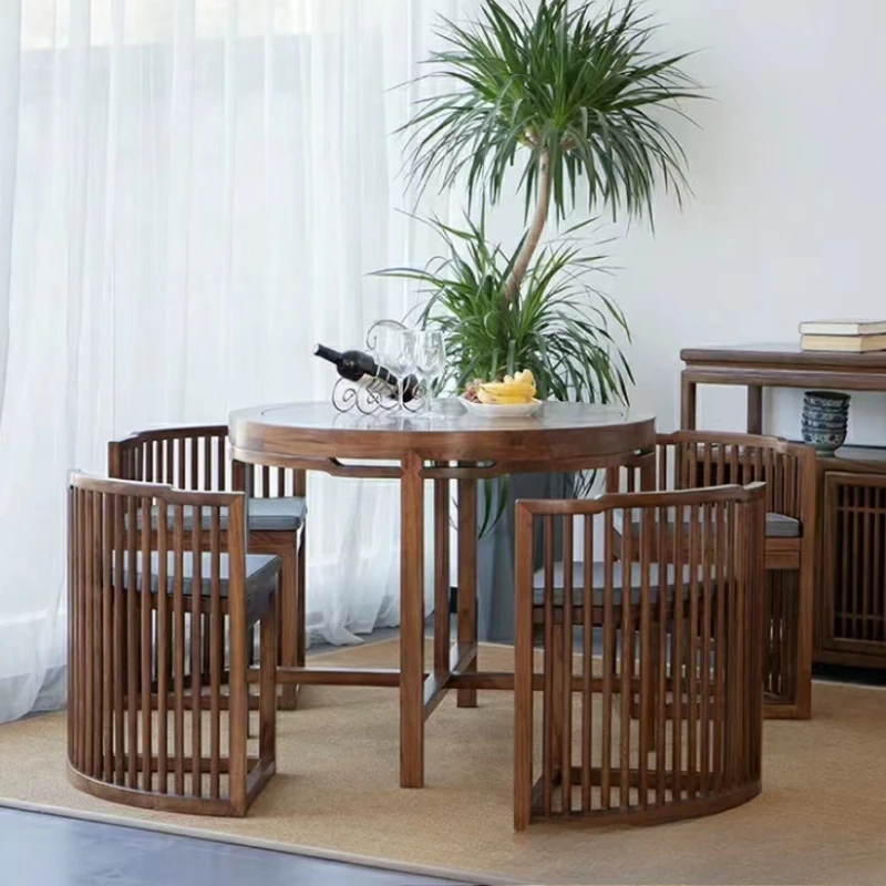 

Wood new Chinese dining table and chairs combined modern Chinese solid wood round table club hotel furniture dining table