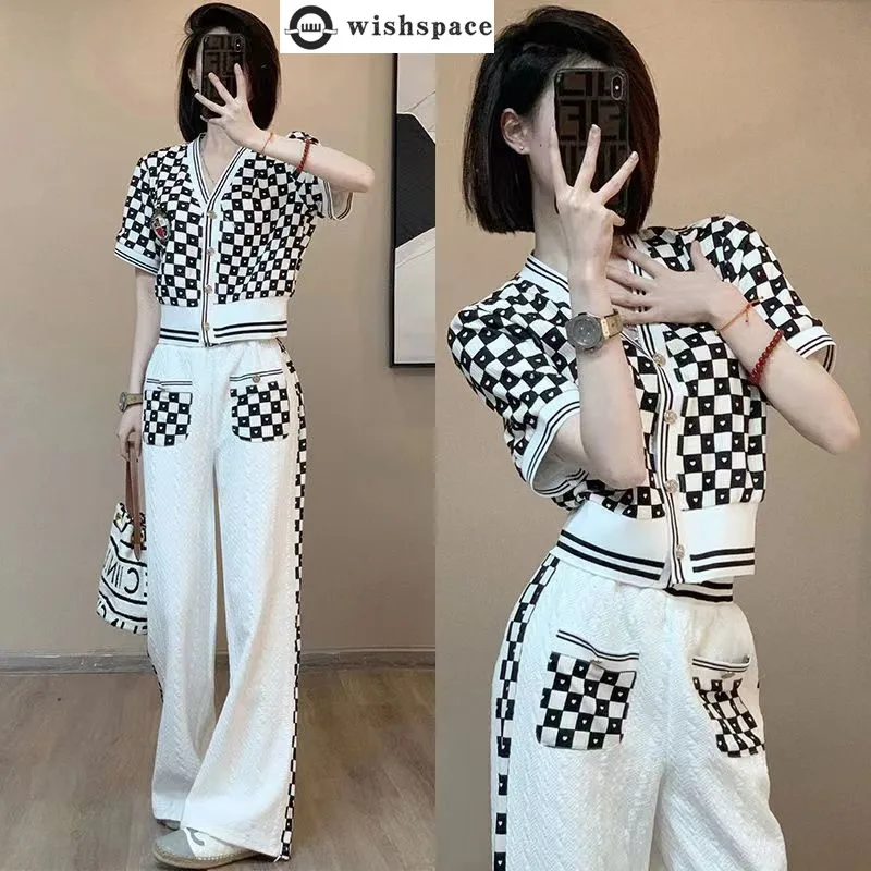 Spring and Summer New Style Casual Age Reducing Wide Leg Pants Two-piece Set Fashionable Retro Top Set for Women