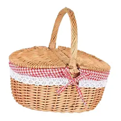 Wicker Picnic Basket with Sturdy Lid Handle Picnic Hamper Washable Lining Wicker Woven Basket for Beach Hiking Outdoor Camping