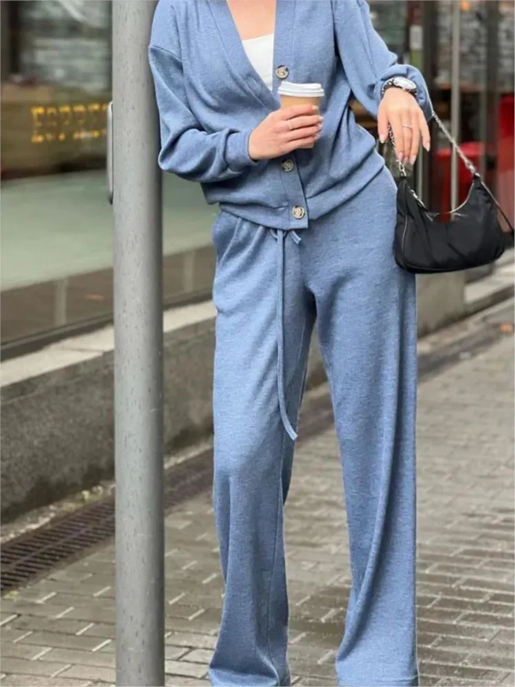 Women Jacket Cardigan Sweatpants 2pcs Sets Autumn Winter Fashion Solid Color Drawstring Elastic Waist Wide Leg Trousers Set