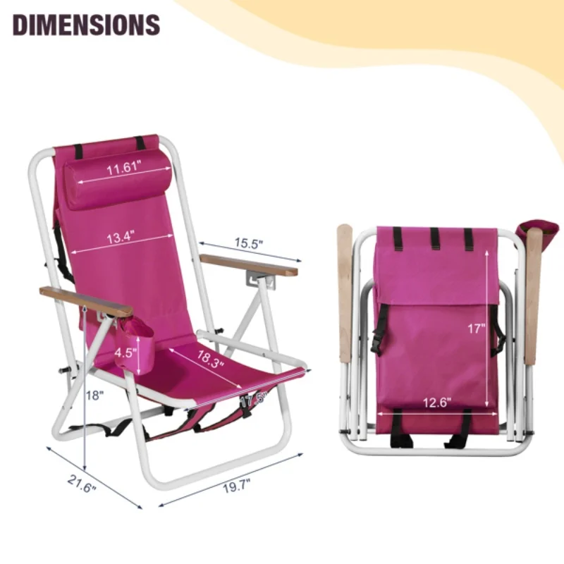 Silla de playa plegable, mochila portátil de 4 posiciones, silla de camping plegable con reposacabezas, portavasos y reposabrazos de madera
