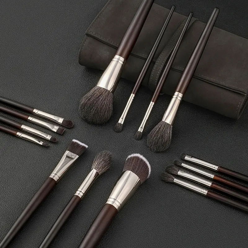Goat Hair Makeup Brush Set 15 Pieces Including Powder Eyeshadow And Eyebrow Brushes With PU Case For Salon And Home